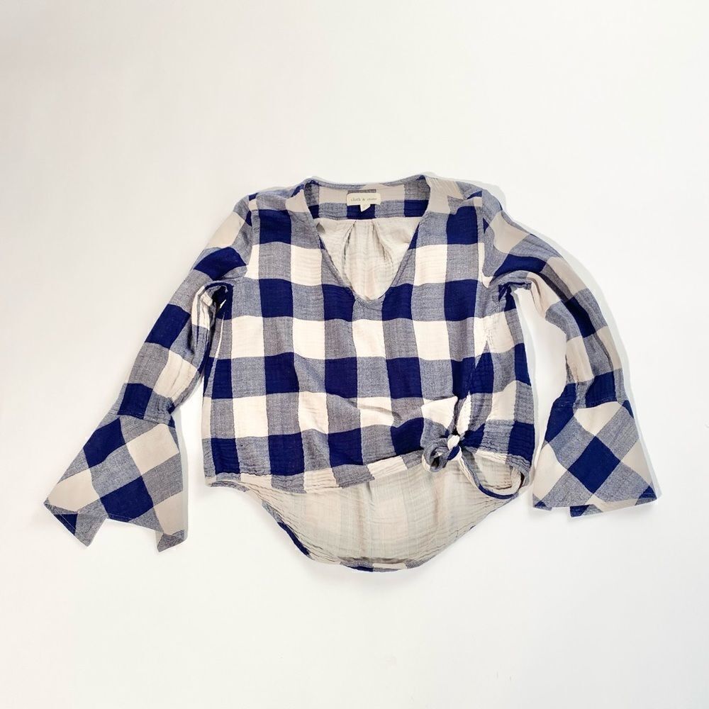 Cloth & Stone blue check tie front gauzy blouse